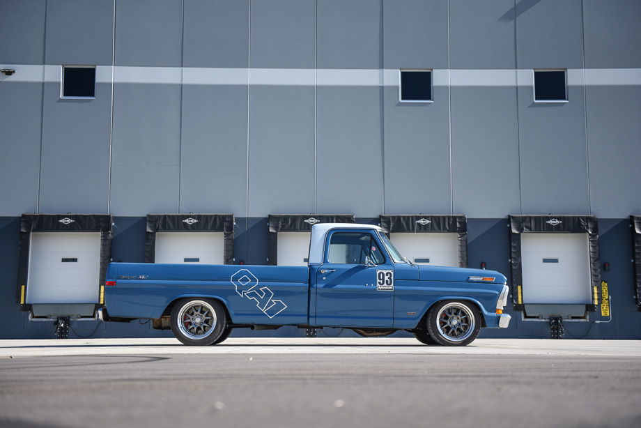 “New Blue” Ford F100 features QA1’s custom ride height adjustment, allowing the truck to achieve the perfect lowered stance for aggressive styling.