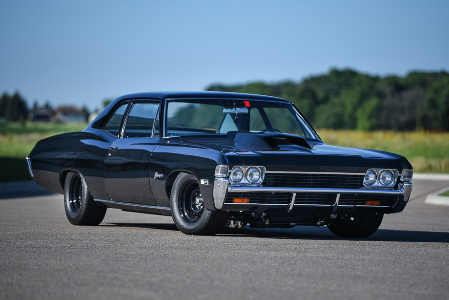 Black 1968 Chevrolet Biscayne featuring QA1 suspension and a big-block Chevrolet engine.