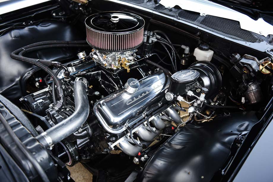 The big block Chevrolet engine in a 1968 Chevrolet Biscayne with QA1 suspension components.