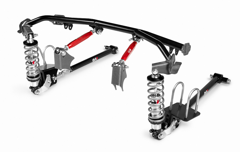 High-performance 4-link rear suspension installed on a Chevrolet Nova, enhancing traction and adjustability.