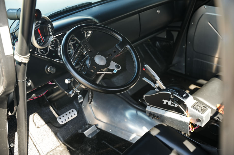 The 8.50-certified chromoly roll cage inside Rob McPherson’s 1956 Chevy 3100 pickup.